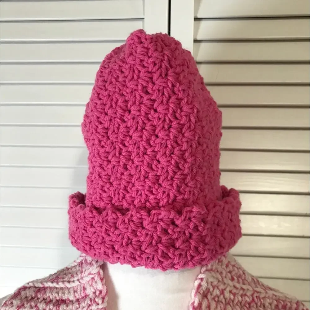 NWT Handmade Crocheted Kids Pink White Textured Beanie & Scarf 29”